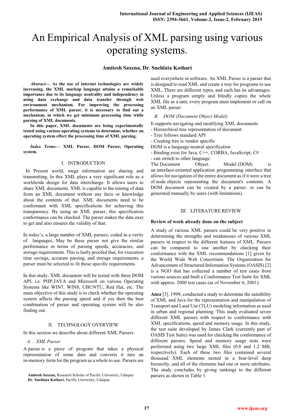 An Empirical Analysis of XML Parsing Using Various Operating Systems