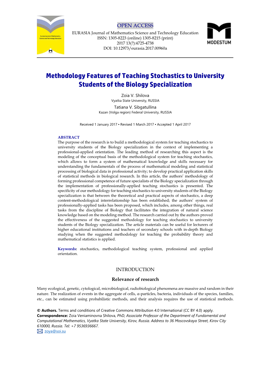 Methodology Features of Teaching Stochastics to University Students of the Biology Specialization