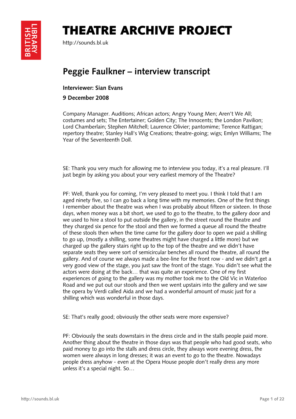 Theatre Archive Project: Interview with Peggie Faulkner