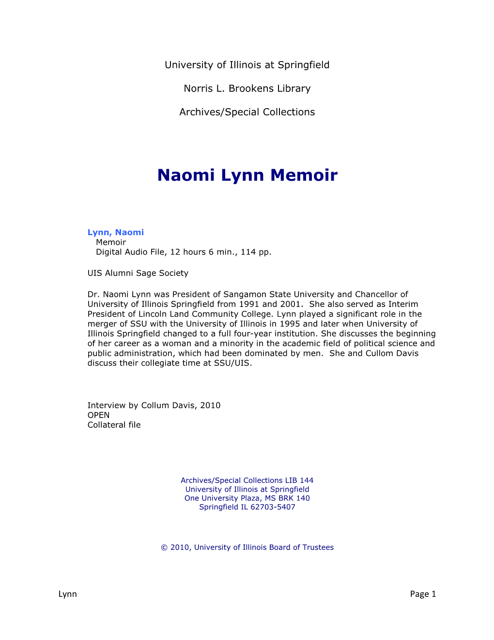 Naomi Lynn Memoir