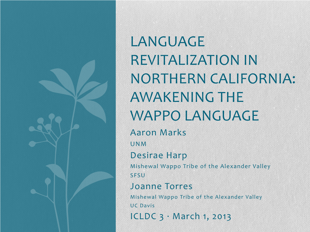 Language Revitalization in Northern California: Awakening the Wappo