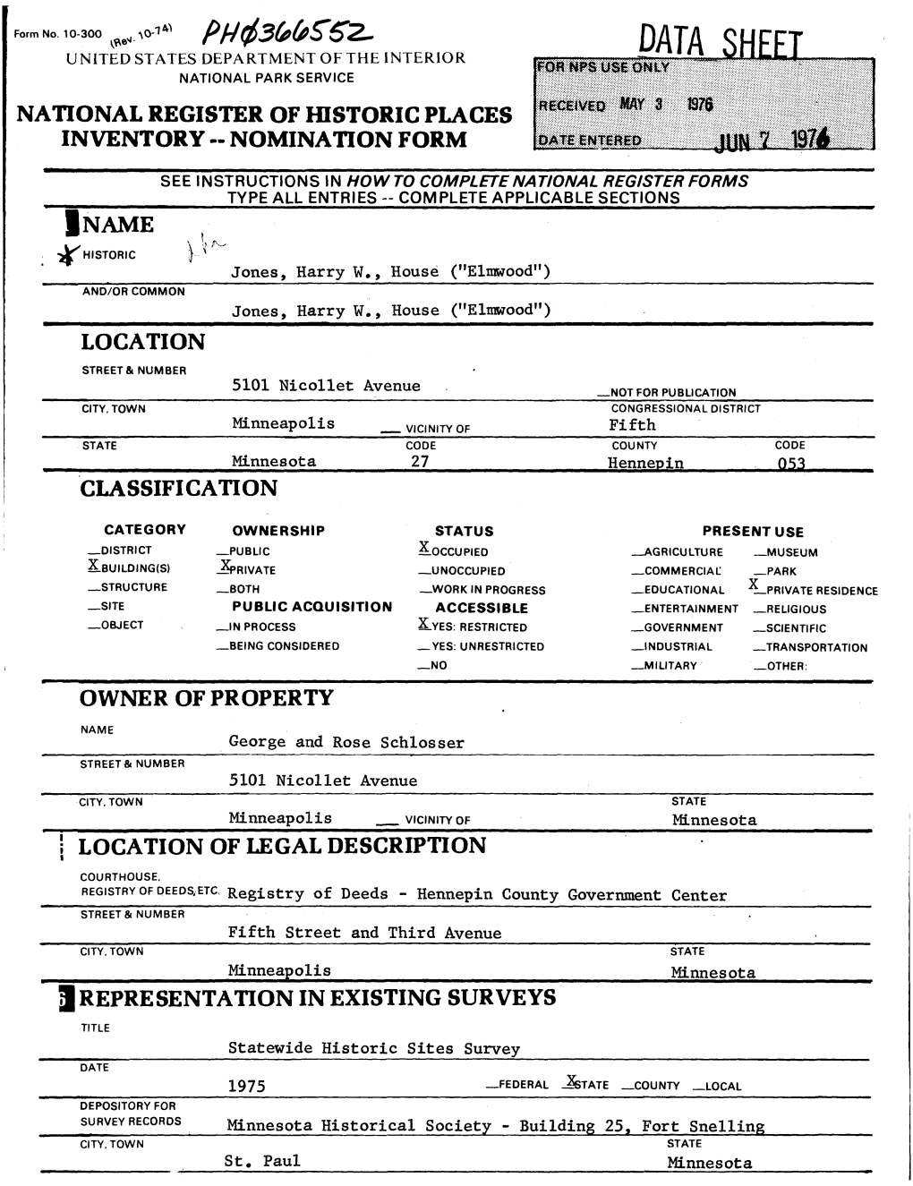 Data Sheet National Park Service National Register of Historic Places Inventory -- Nomination Form