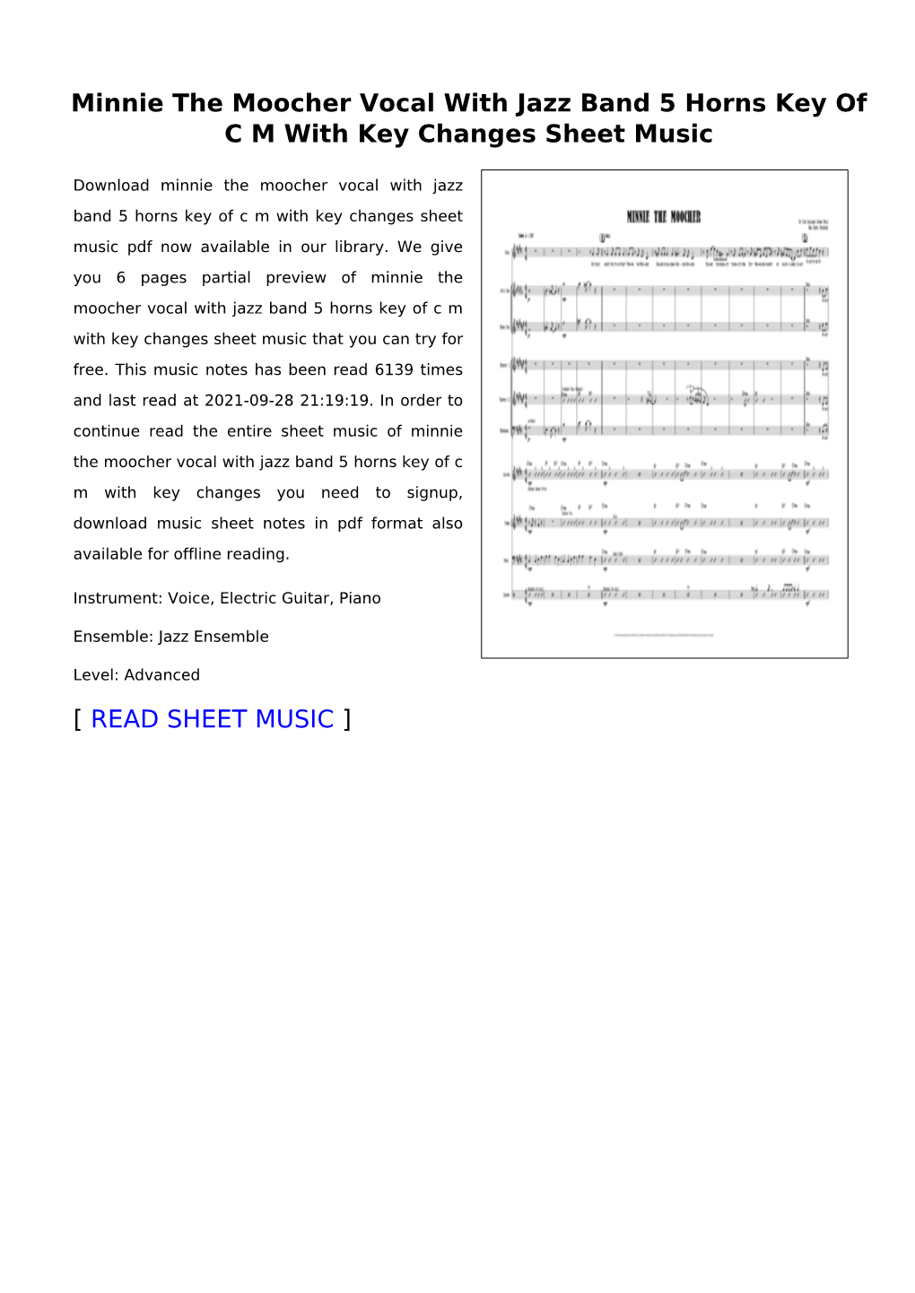 Minnie the Moocher Vocal with Jazz Band 5 Horns Key of C M with Key Changes Sheet Music