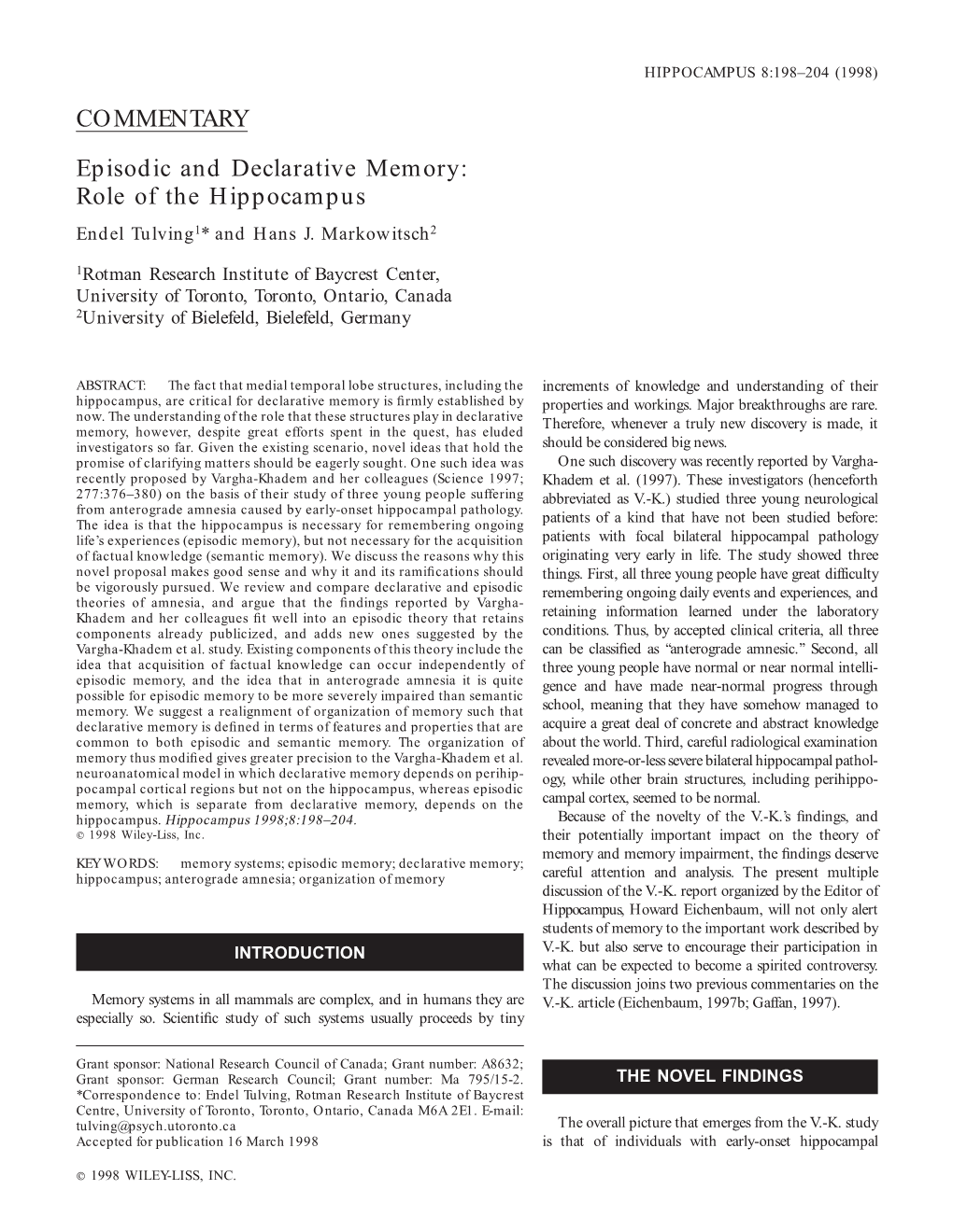 Episodic and Declarative Memory: Role of the Hippocampus