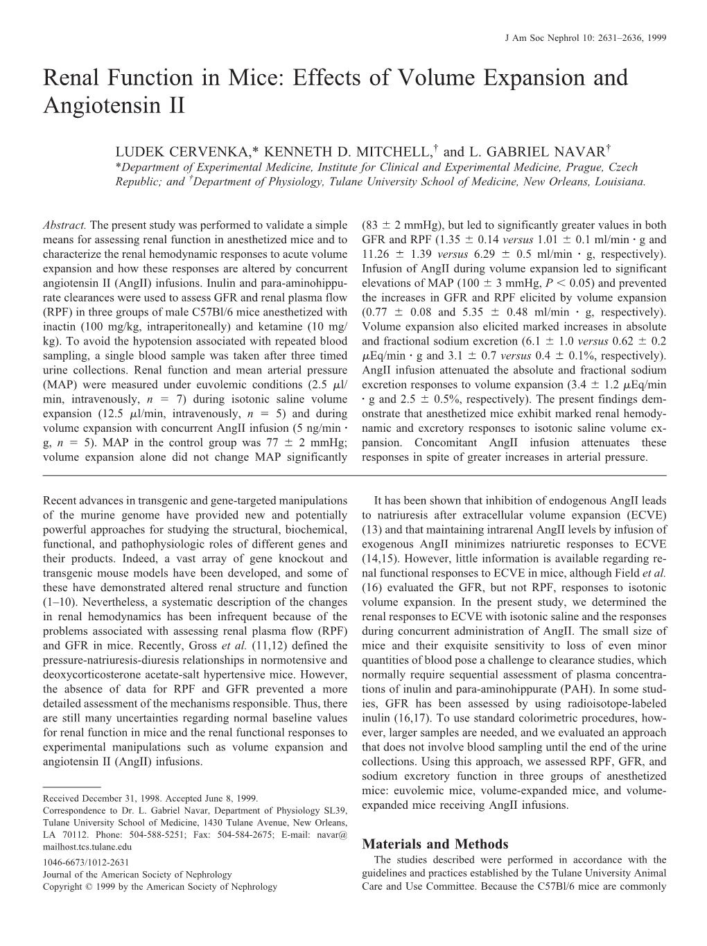 Renal Function in Mice: Effects of Volume Expansion and Angiotensin II