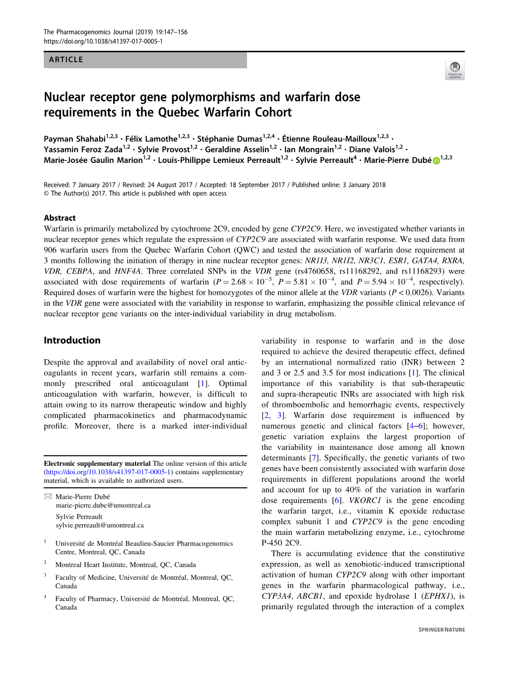 Nuclear Receptor Gene Polymorphisms and Warfarin Dose Requirements in the Quebec Warfarin Cohort