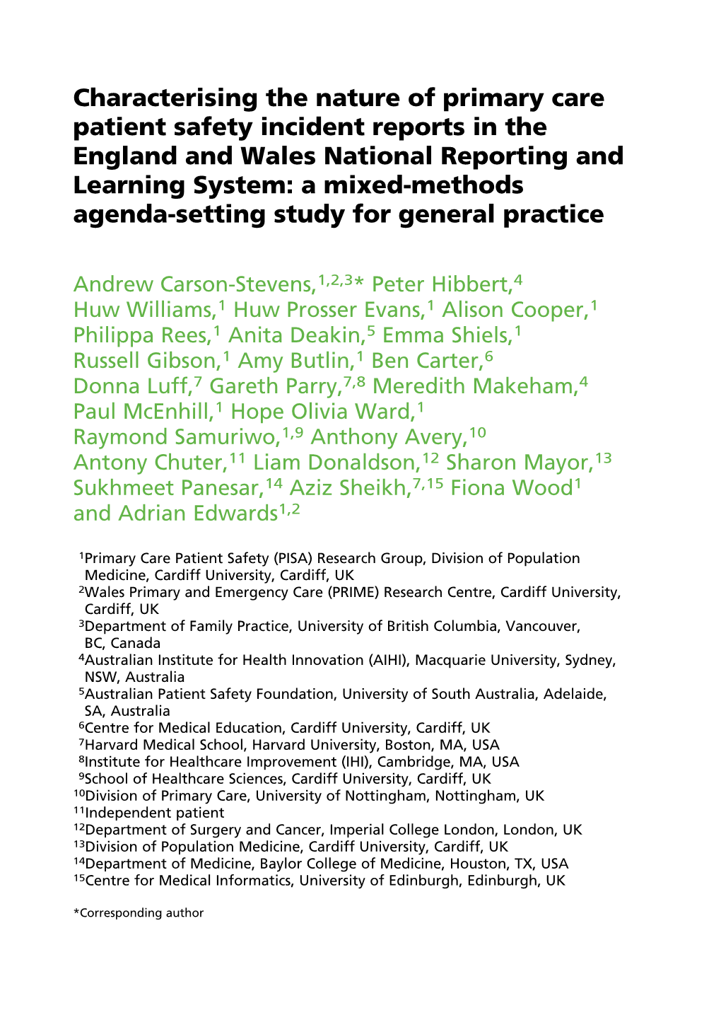 Characterising the Nature of Primary Care Patient Safety Incident Reports