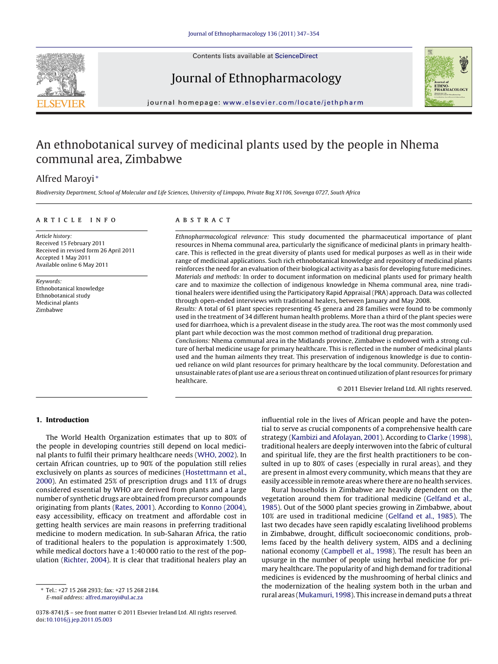 An Ethnobotanical Survey of Medicinal Plants Used by the People in Nhema Communal Area, Zimbabwe