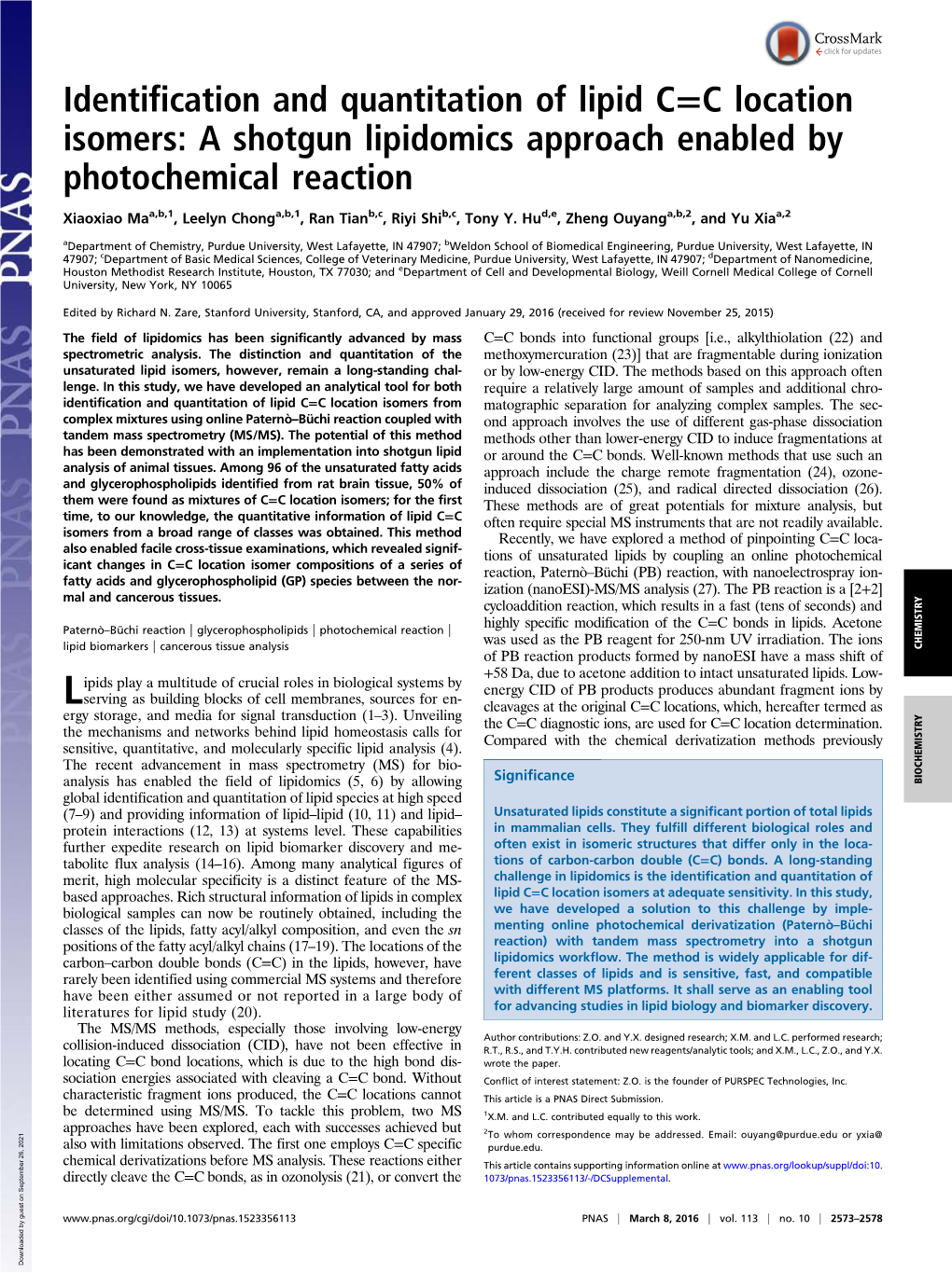 Identification and Quantitation of Lipid C=C Location Isomers: a Shotgun Lipidomics Approach Enabled by Photochemical Reaction