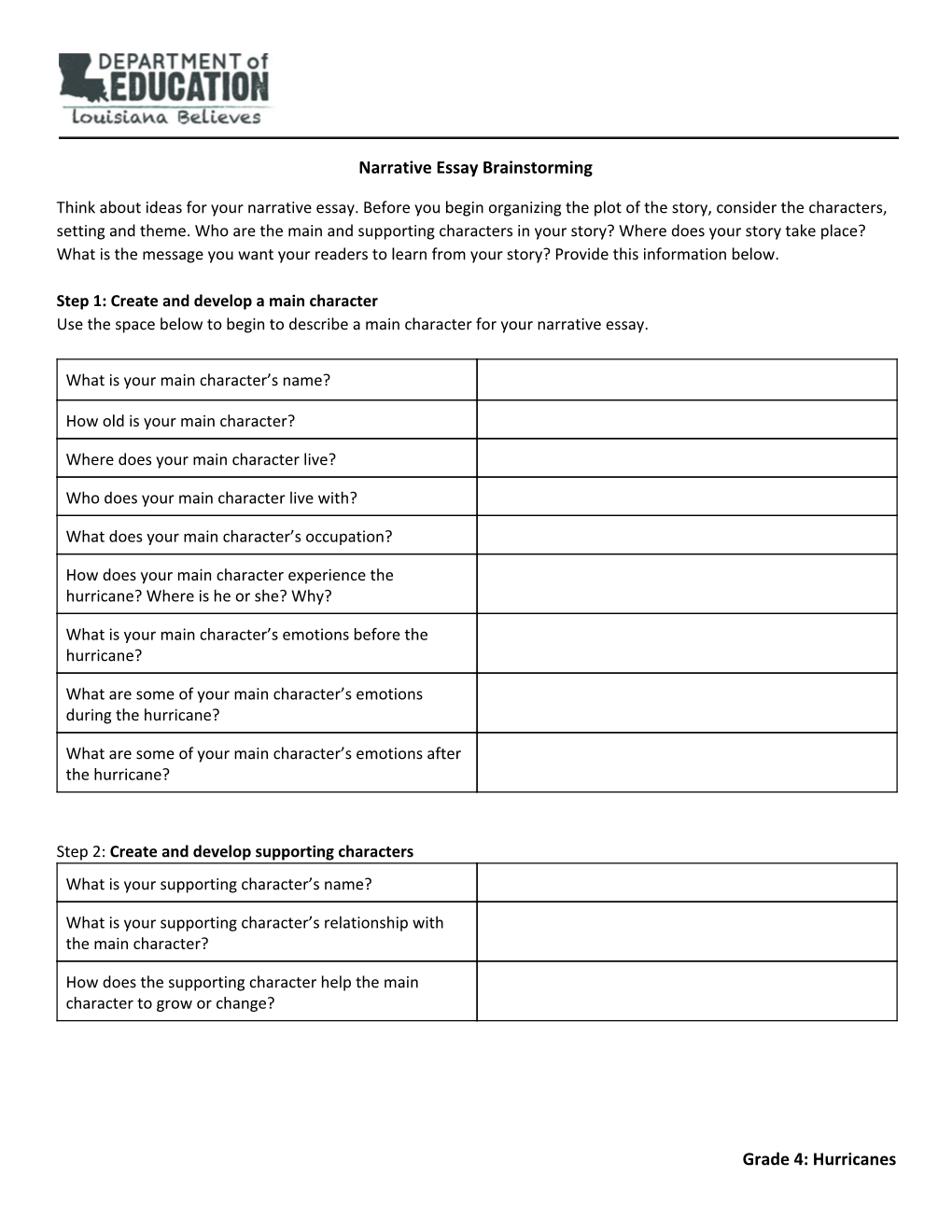 Narrative Essay Brainstorming Grade 4: Hurricanes