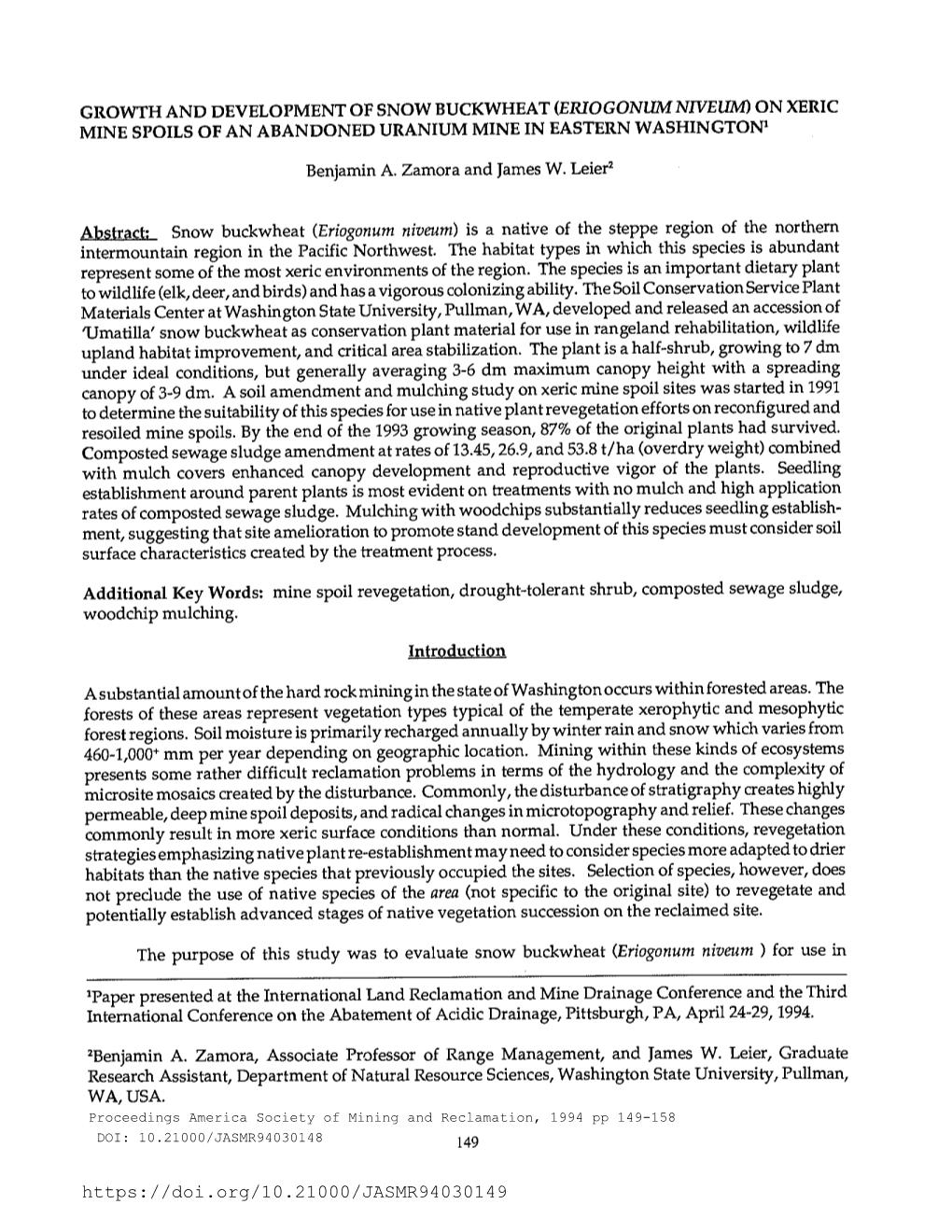 Growth and Development of Snow Buckwheat (Eriogonum Niveum) on Xeric Mine Spoils of an Abandoned Uranium Mine in Eastern Washington'