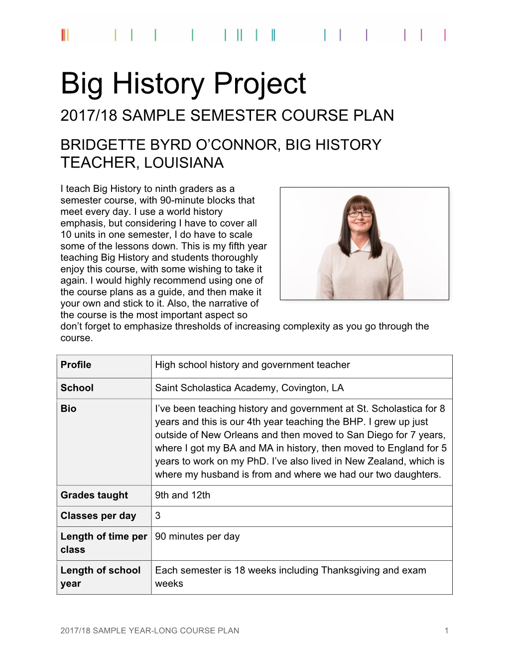 Big History Project 2017/18 SAMPLE SEMESTER COURSE PLAN BRIDGETTE BYRD O’CONNOR, BIG HISTORY TEACHER, LOUISIANA