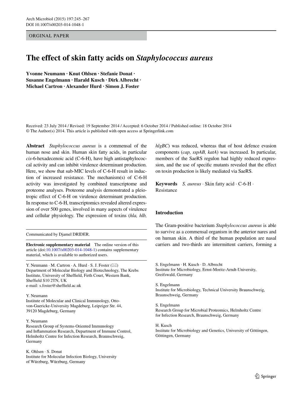 The Effect of Skin Fatty Acids on Staphylococcus Aureus