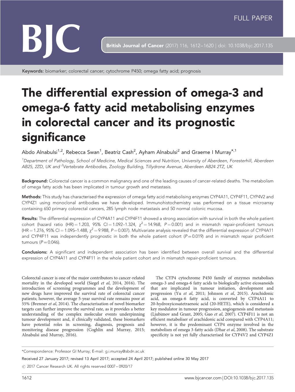 The Differential Expression of Omega-3 and Omega-6 Fatty Acid Metabolising Enzymes in Colorectal Cancer and Its Prognostic Significance