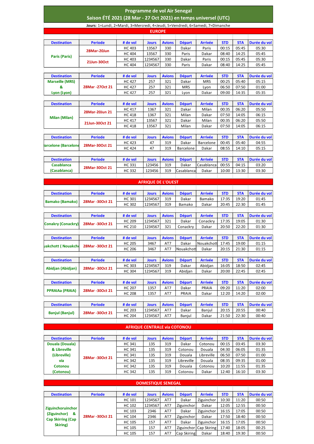 Programme De Vol Air Senegal Saison ÉTÉ 2021 (28
