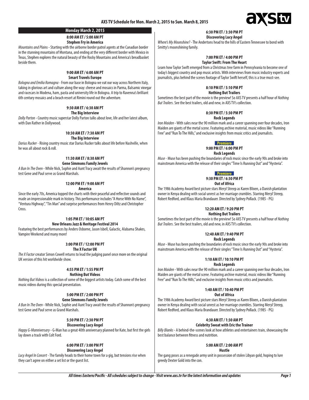 AXS TV Schedule for Mon. March 2, 2015 to Sun. March 8, 2015