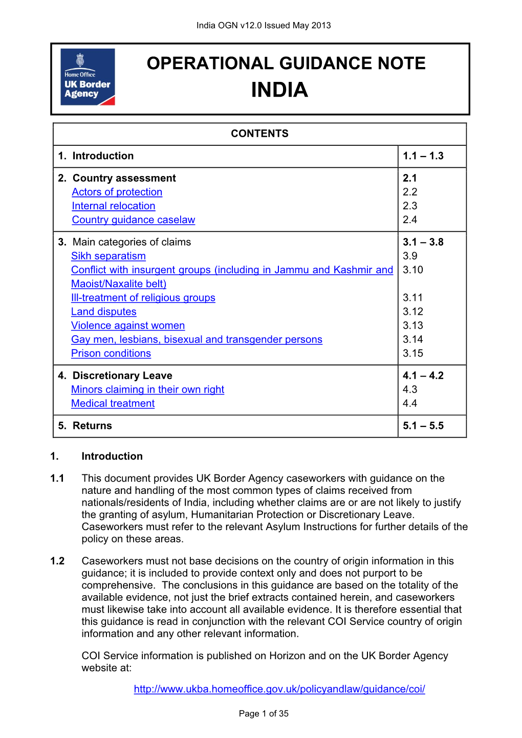 Operational Guidance Note