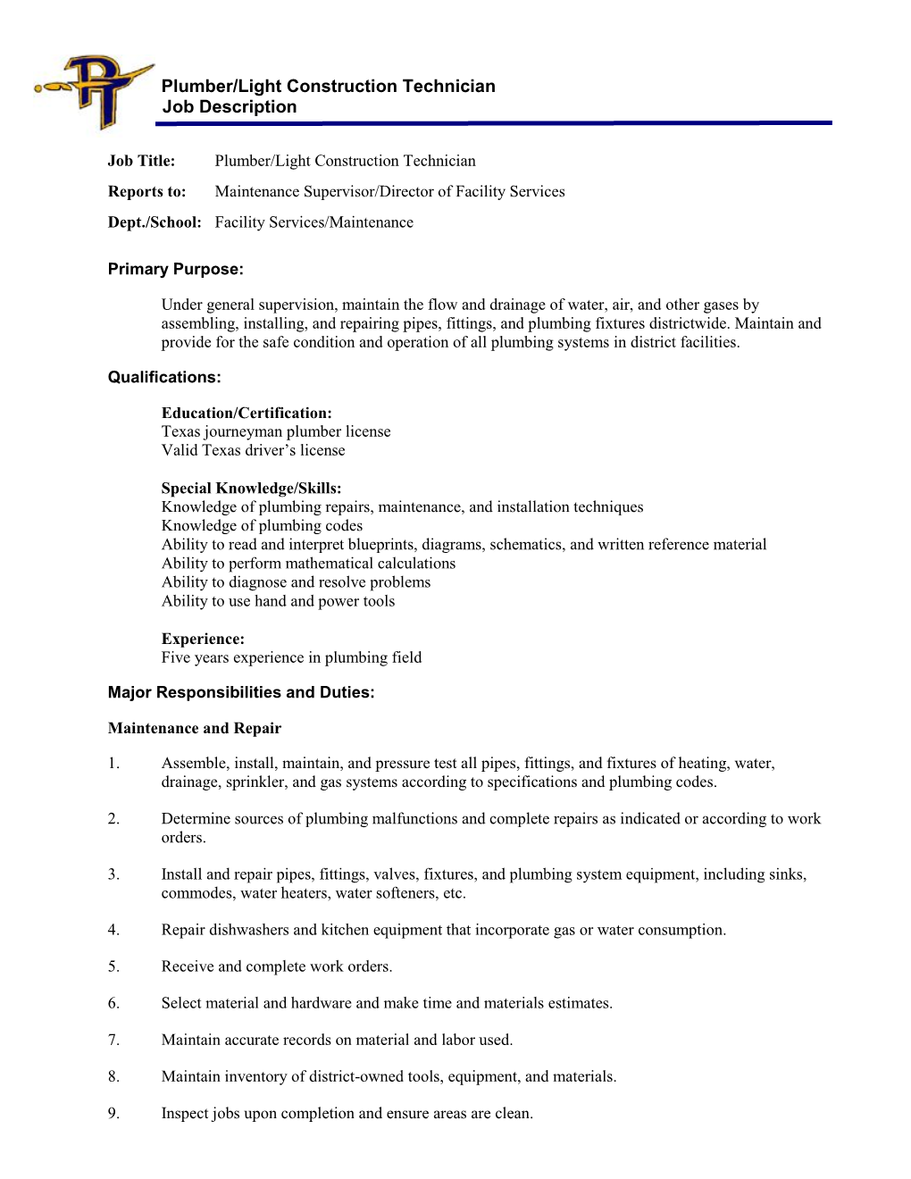 Plumber/Light Construction Technician Job Description