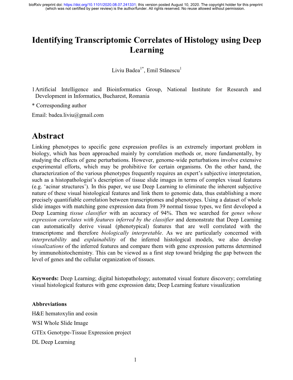 Identifying Transcriptomic Correlates of Histology Using Deep Learning