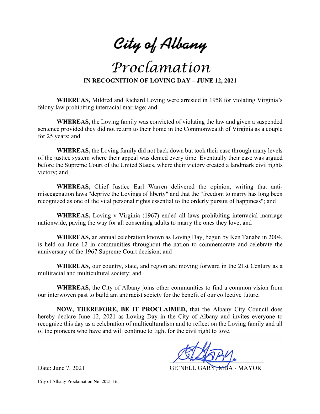 Proclamation in RECOGNITION of LOVING DAY – JUNE 12, 2021