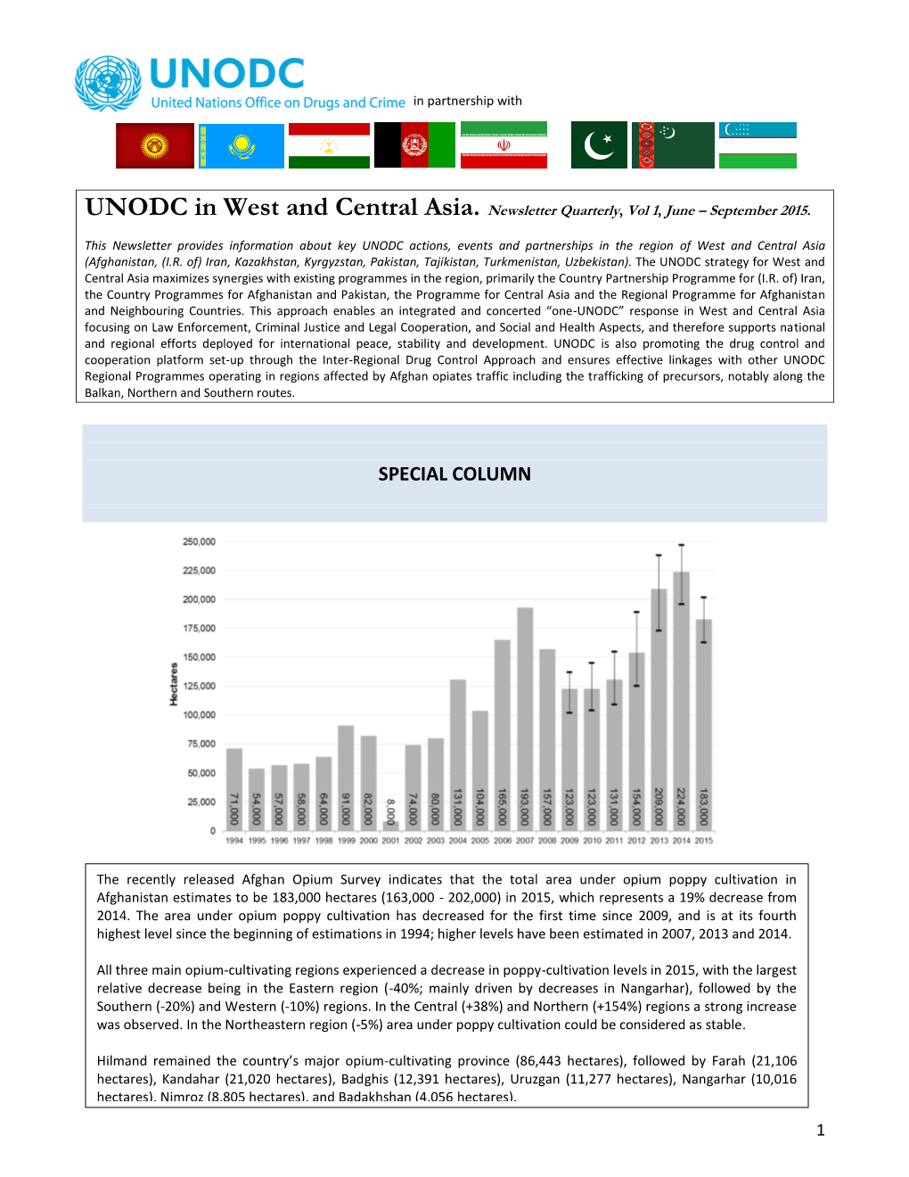 UNODC in West and Central Asia. Newsletter Quarterly, Vol 1, June – September 2015