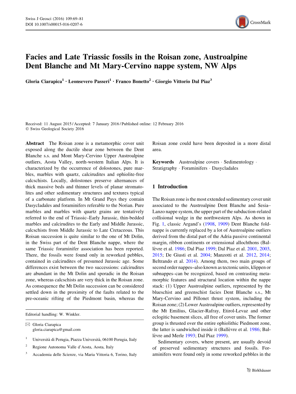 Facies and Late Triassic Fossils in the Roisan Zone, Austroalpine Dent Blanche and Mt Mary-Cervino Nappe System, NW Alps