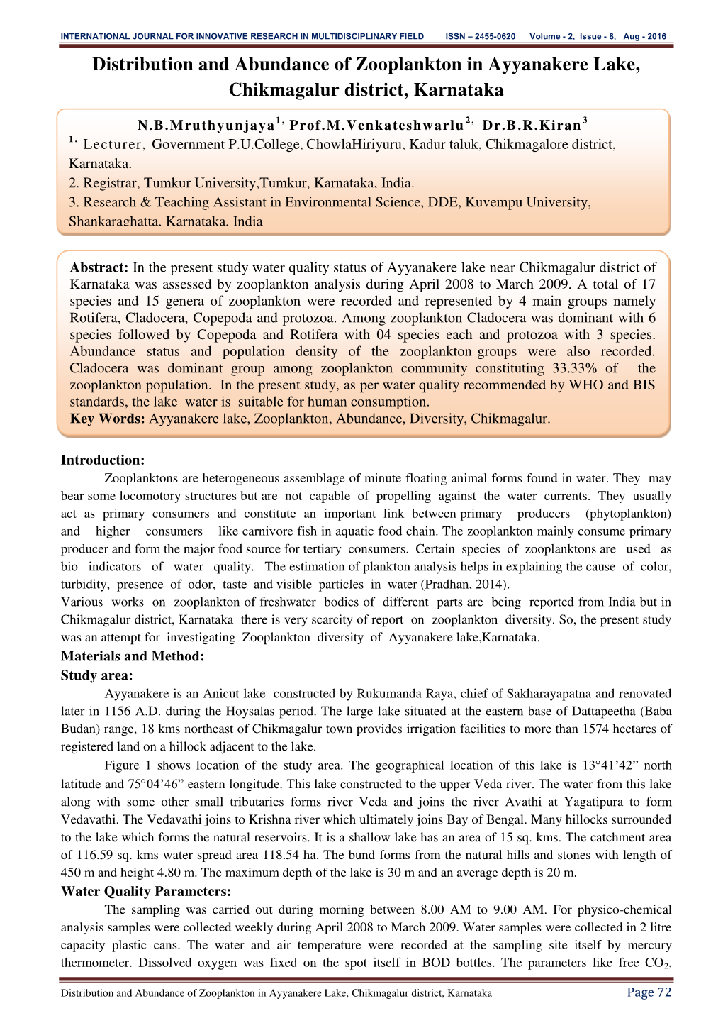 Distribution and Abundance of Zooplankton in Ayyanakere Lake, Chikmagalur District, Karnataka