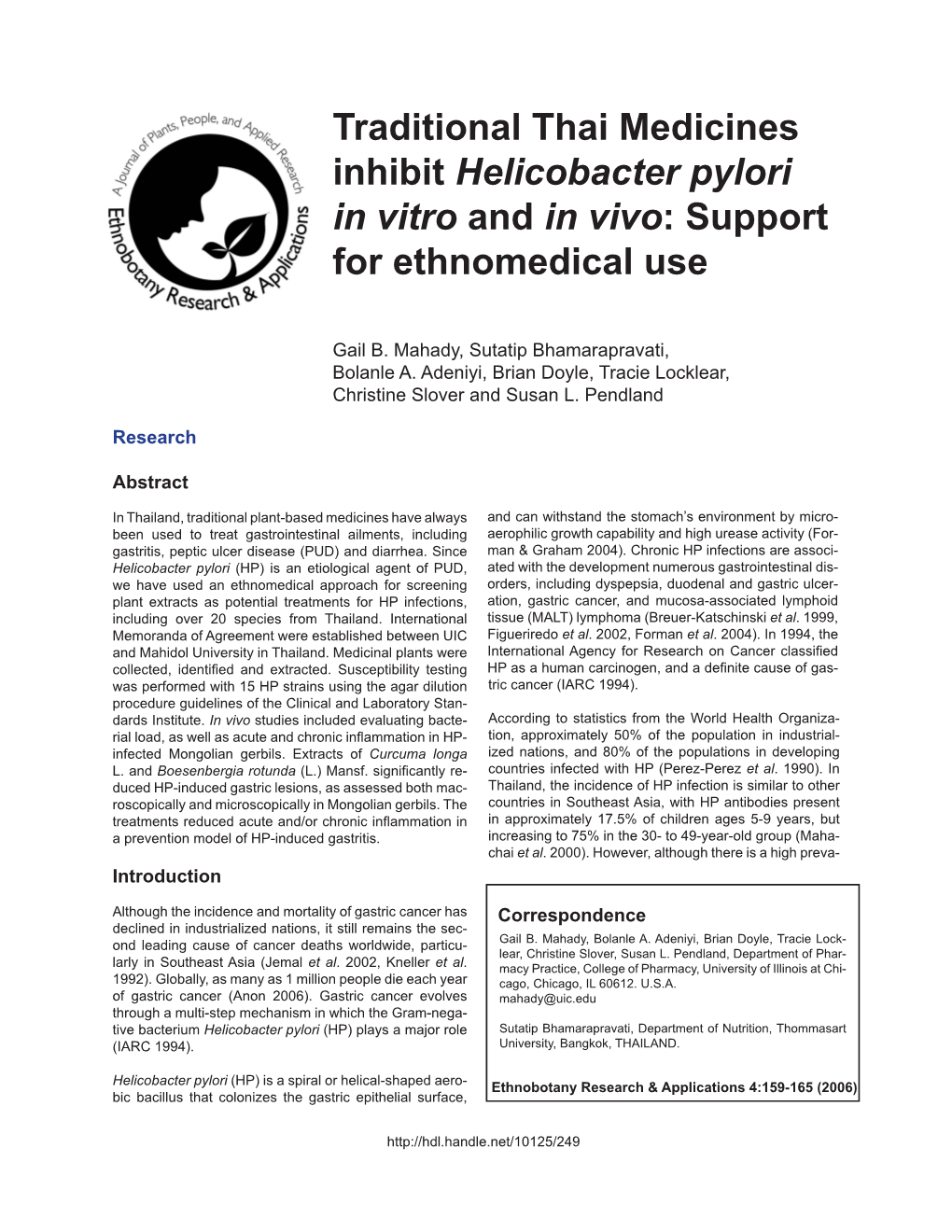 Traditional Thai Medicines Inhibit Helicobacter Pylori in Vitro and in Vivo: Support for Ethnomedical Use