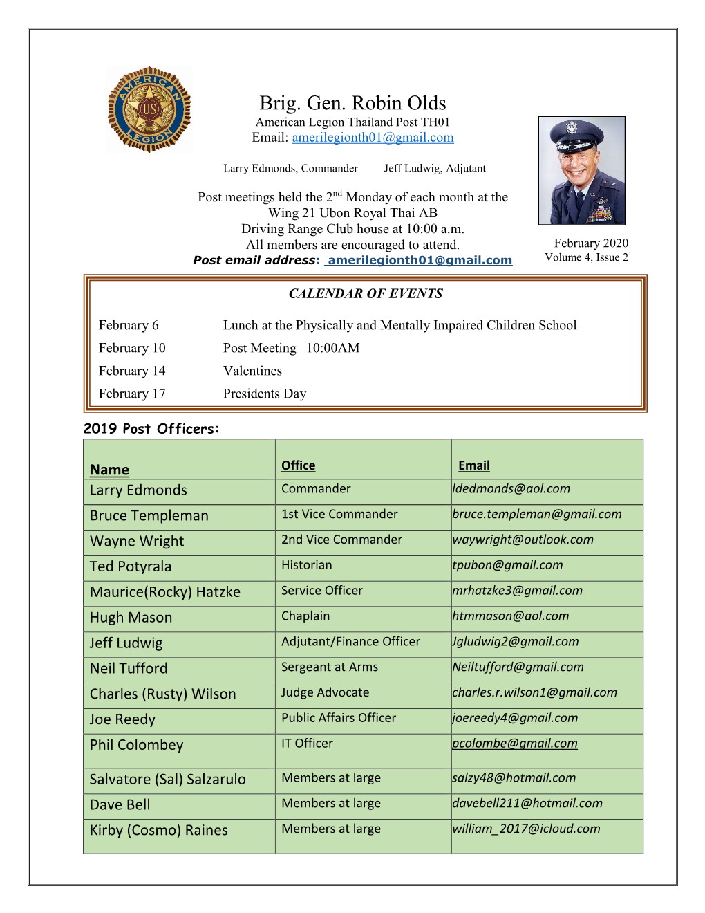 Brig. Gen. Robin Olds American Legion Thailand Post TH01 Email: Amerilegionth01@Gmail.Com