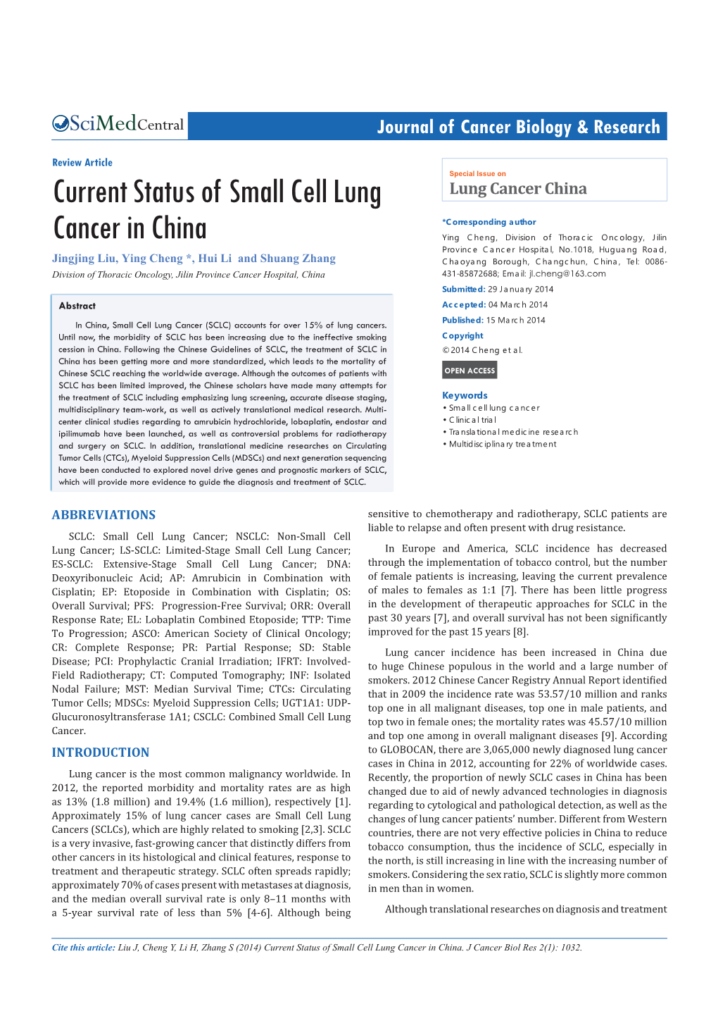 Current Status of Small Cell Lung Cancer in China