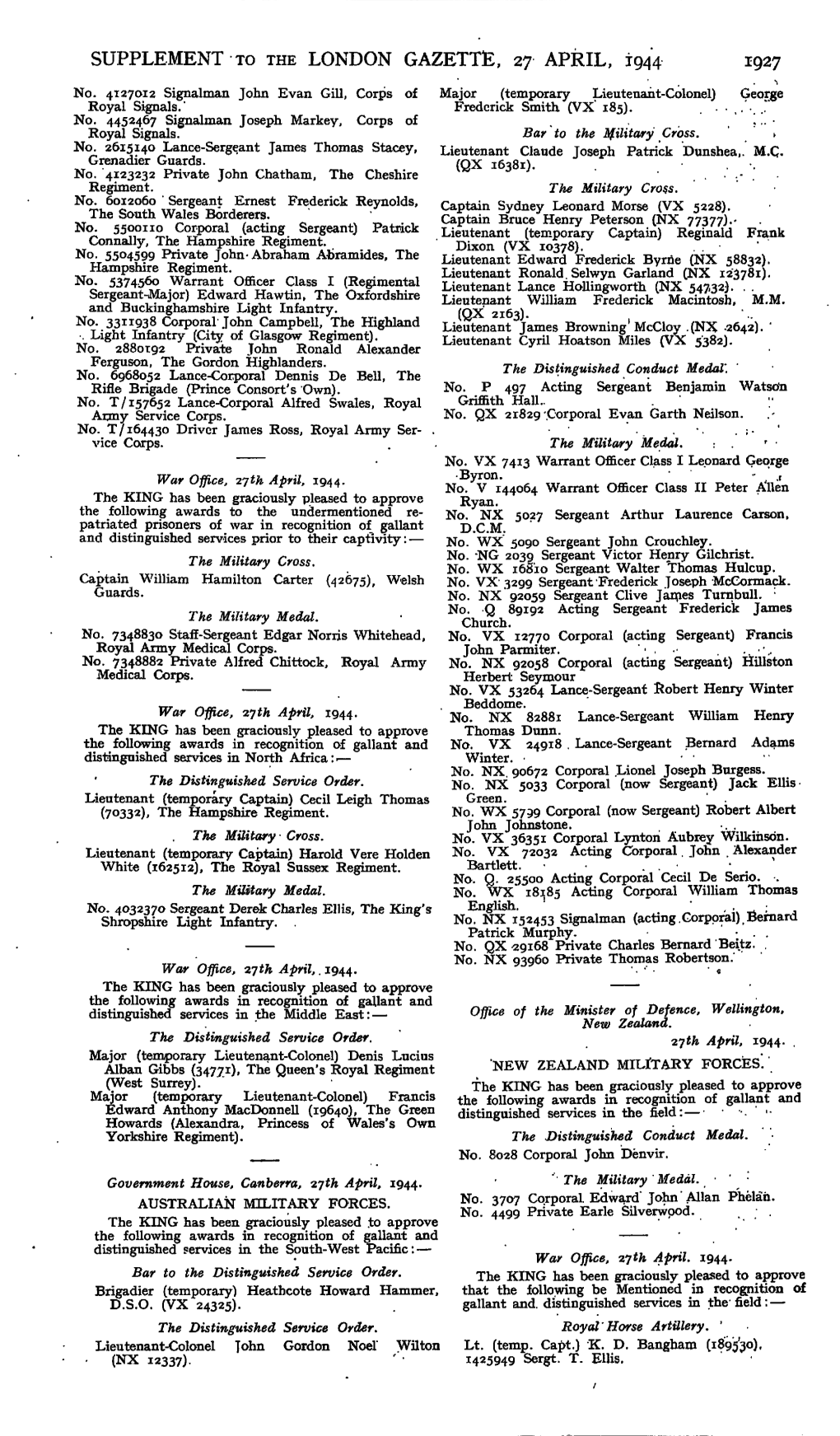 SUPPLEMENT to the LONDON GAZETTE, 27 APRIL, 1944 1927 No