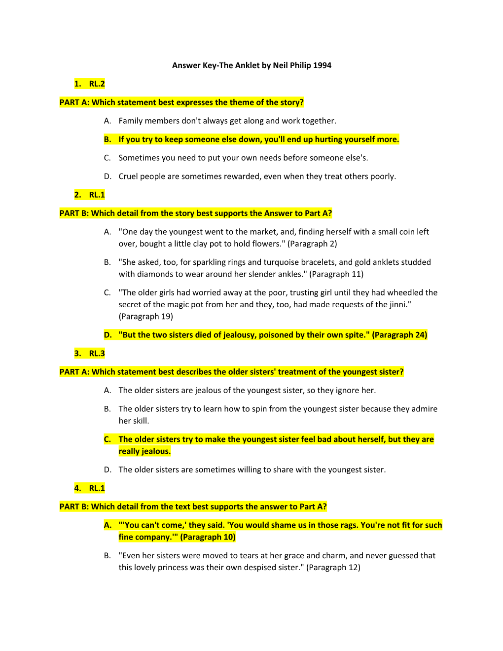 Answer Key-The Anklet by Neil Philip 1994 1. RL.2 PART A: Which