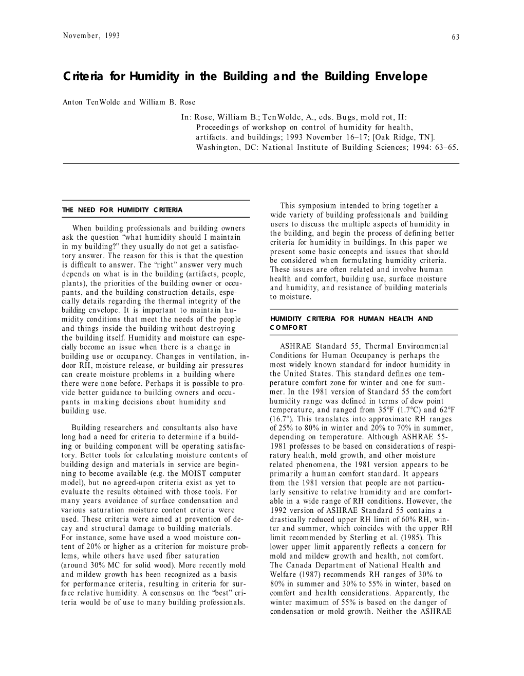 Criteria for Humidity in the Building and the Buidling Envelope