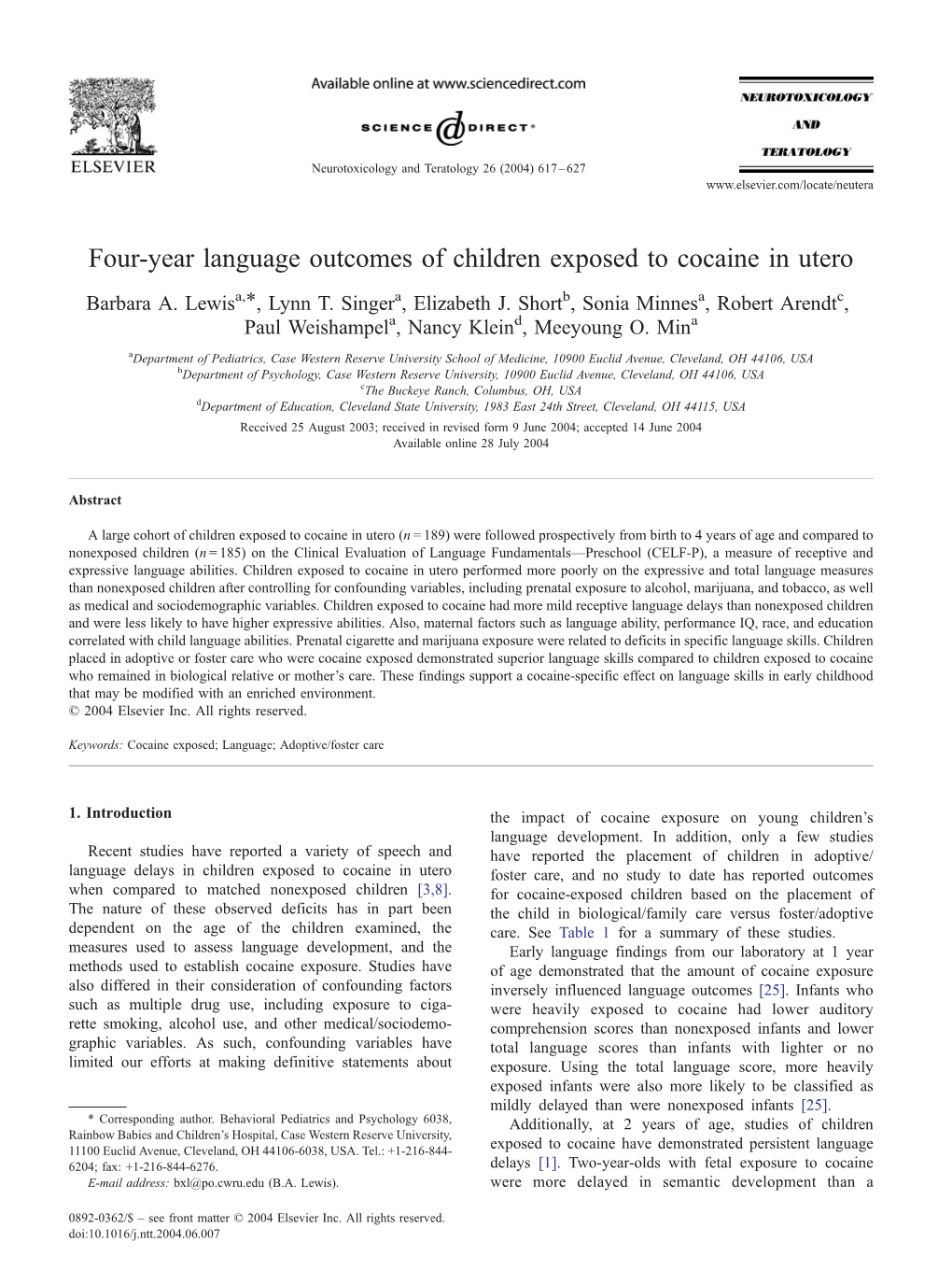 Four-Year Language Outcomes of Children Exposed to Cocaine in Utero