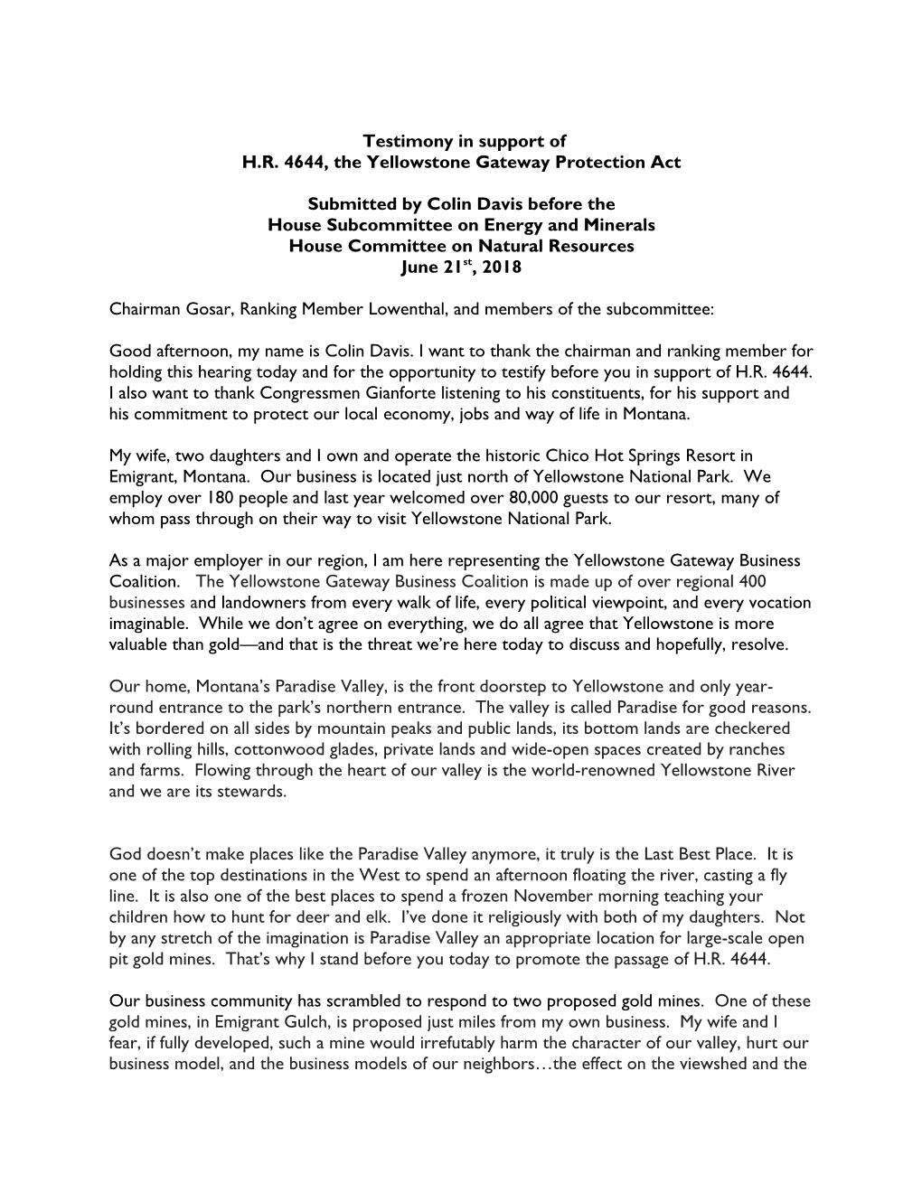 Testimony in Support of H.R. 4644, the Yellowstone Gateway Protection Act