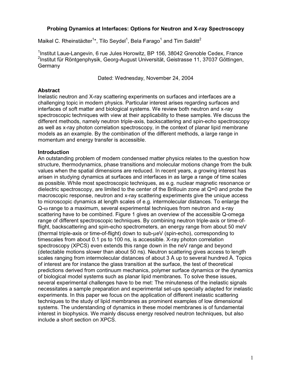 1 Probing Dynamics at Interfaces: Options for Neutron and X