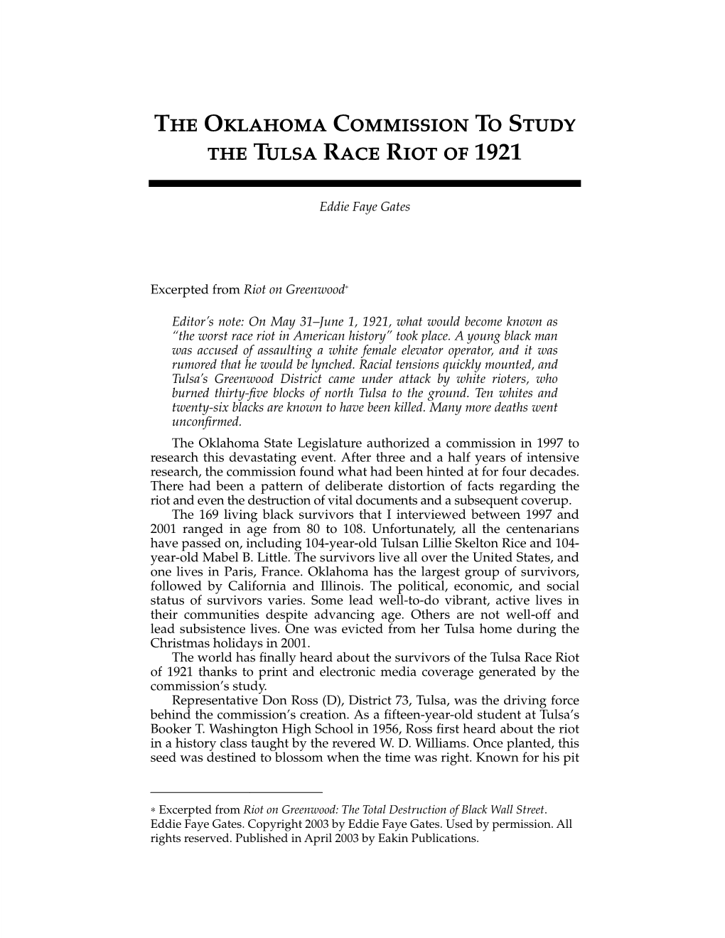 The Oklahoma Commission to Study the Tulsa Race Riot of 1921