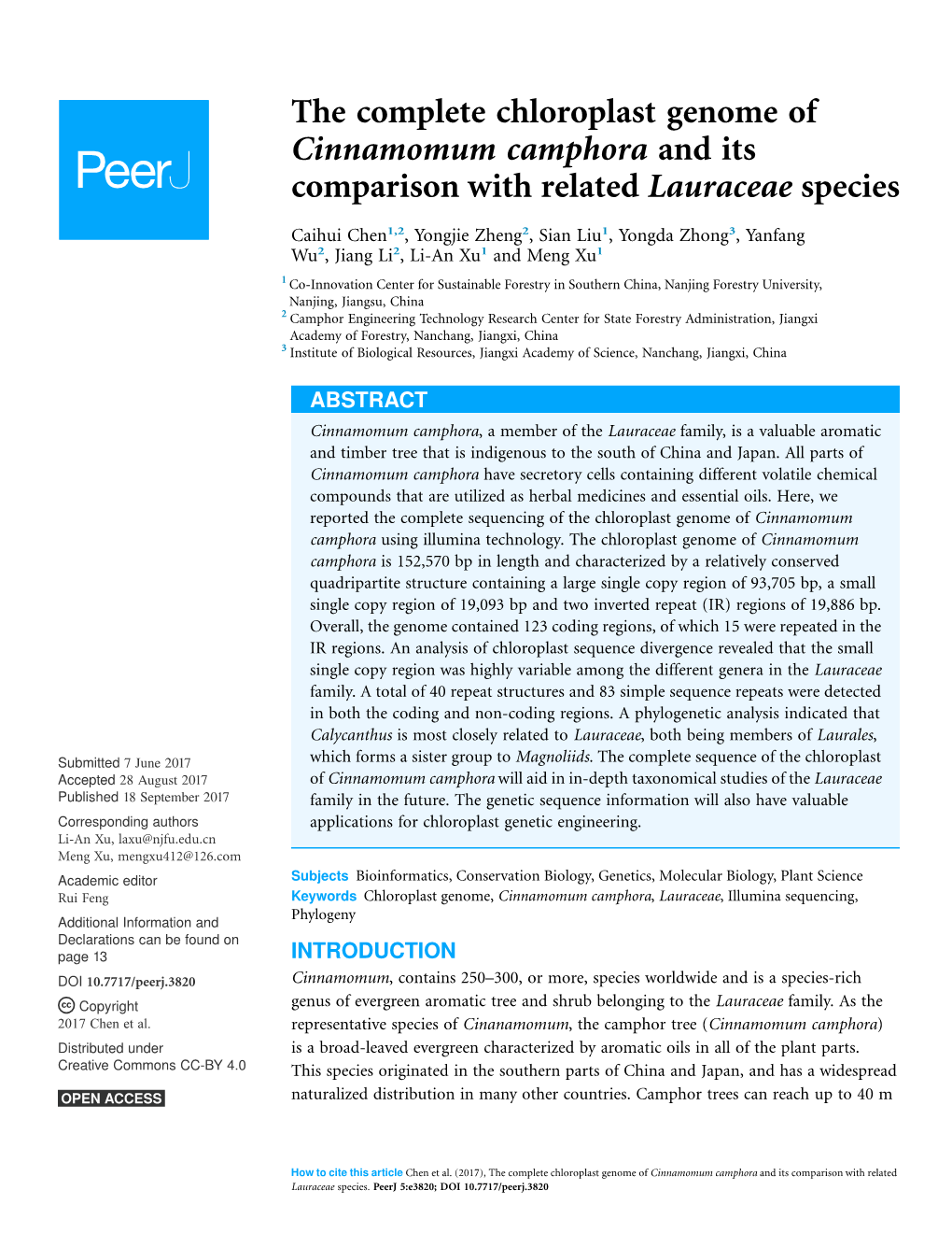 The Complete Chloroplast Genome of Cinnamomum Camphora and Its Comparison with Related Lauraceae Species