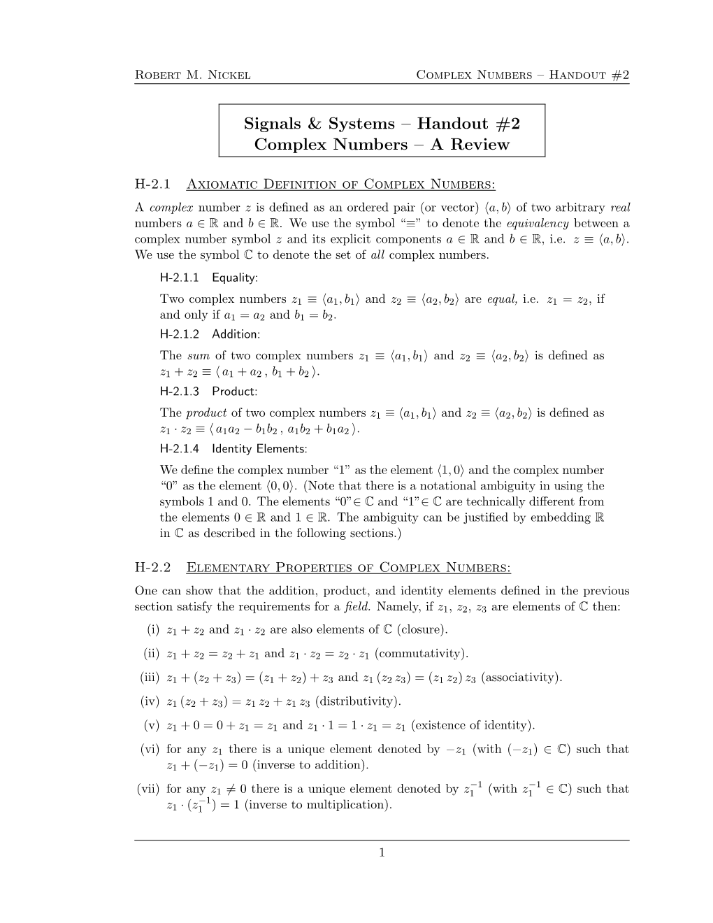 Signals & Systems – Handout #2 Complex Numbers – a Review