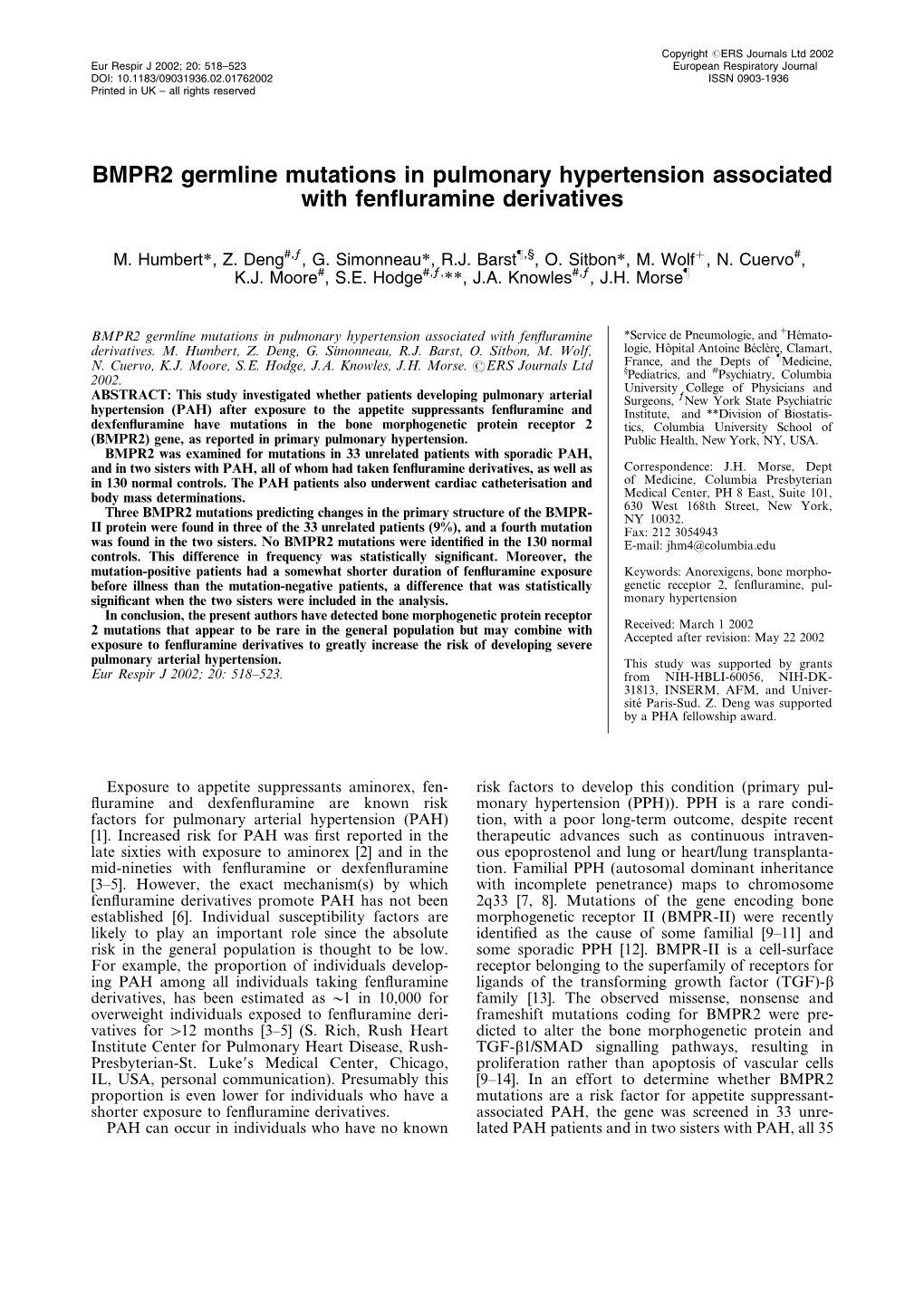 BMPR2 Germline Mutations in Pulmonary Hypertension Associated with Fenﬂuramine Derivatives