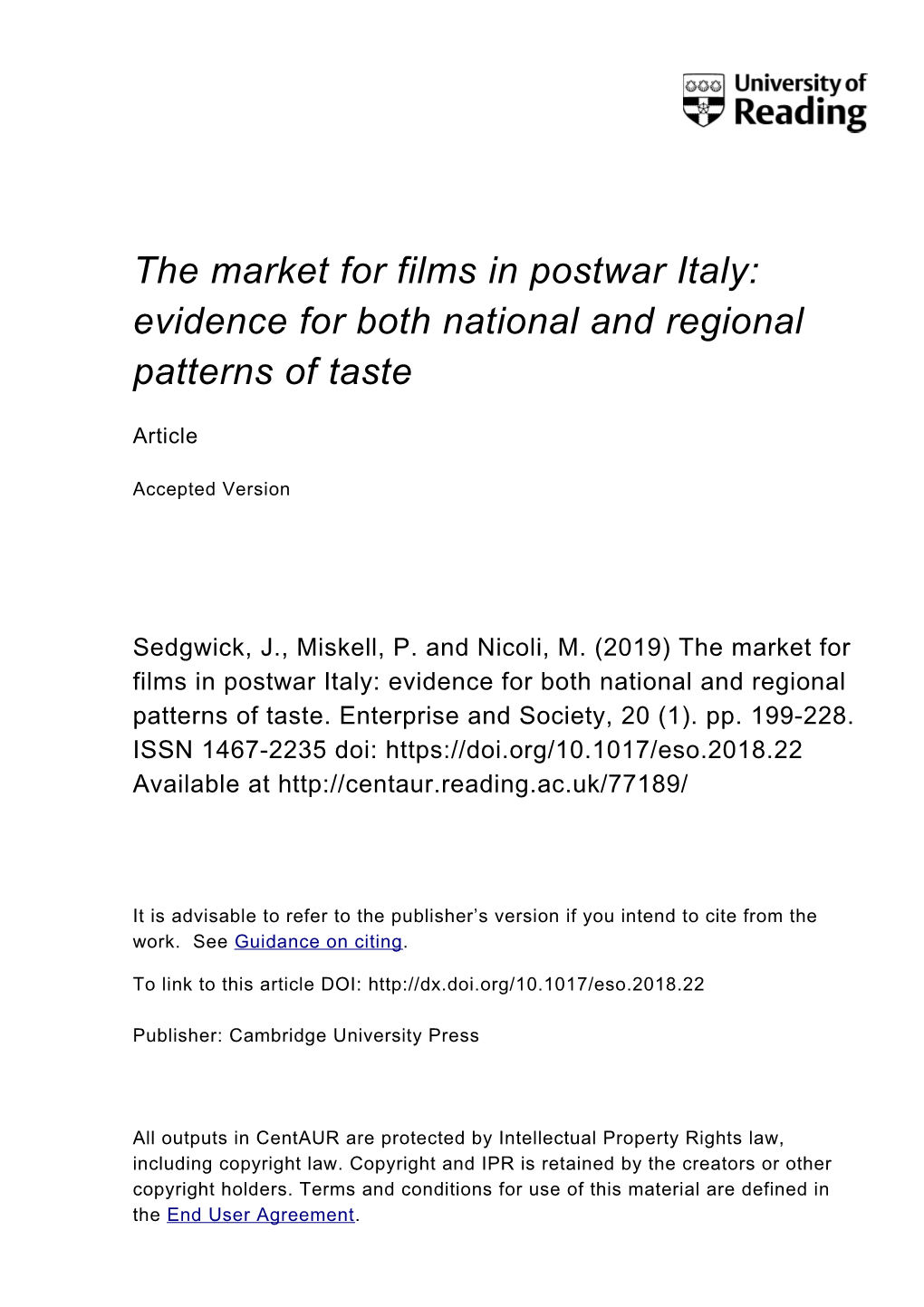 The Market for Films in Postwar Italy: Evidence for Both National and Regional Patterns of Taste