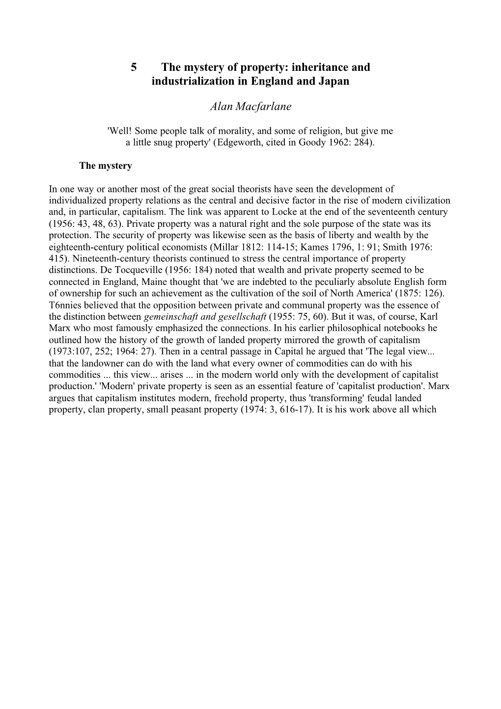 5 the Mystery of Property: Inheritance and Industrialization in England and Japan Alan Macfarlane