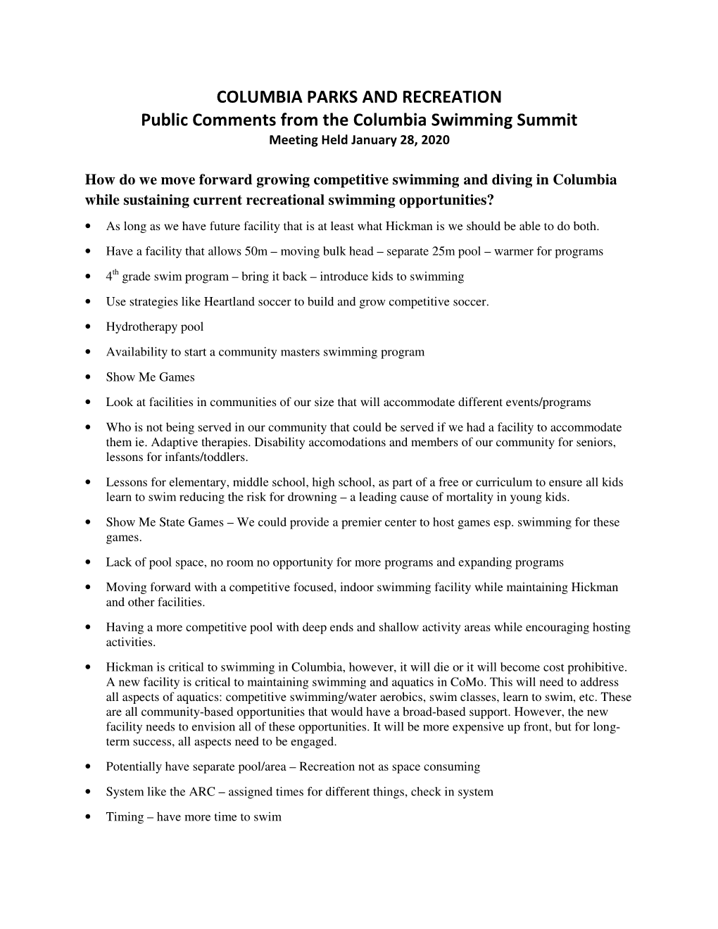 COLUMBIA PARKS and RECREATION Public Comments from the Columbia Swimming Summit Meeting Held January 28, 2020