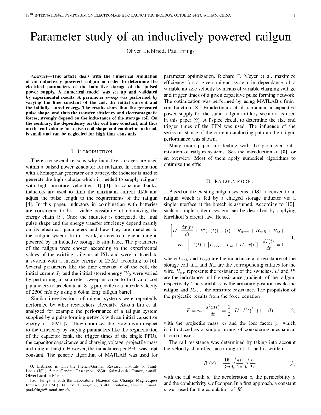 Parameter Study of an Inductively Powered Railgun Oliver Liebfried, Paul Frings