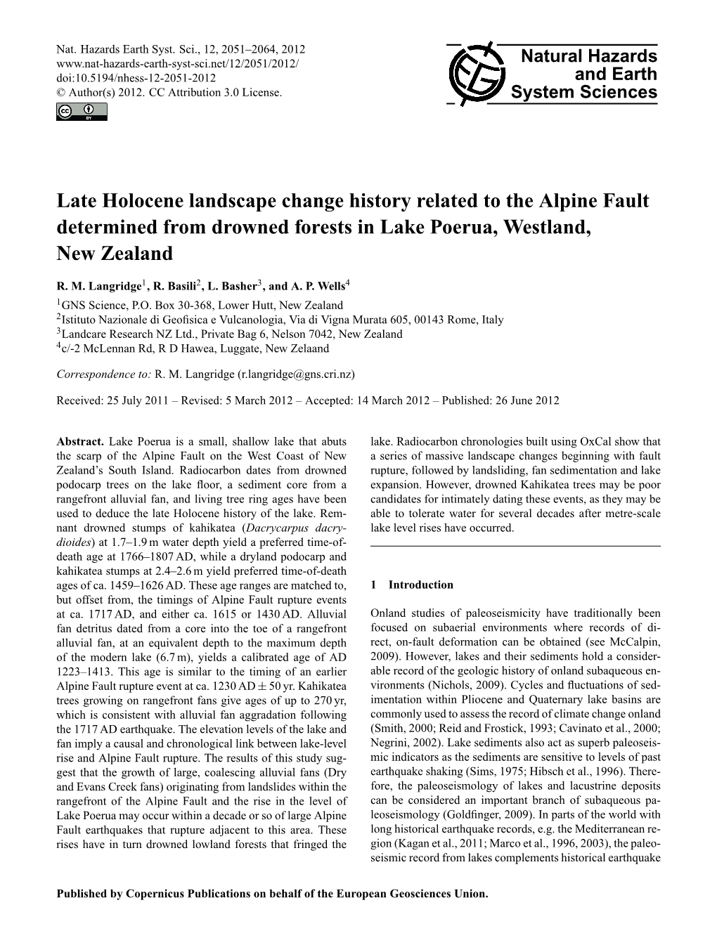 Late Holocene Landscape Change History Related to the Alpine Fault Determined from Drowned Forests in Lake Poerua, Westland, New Zealand
