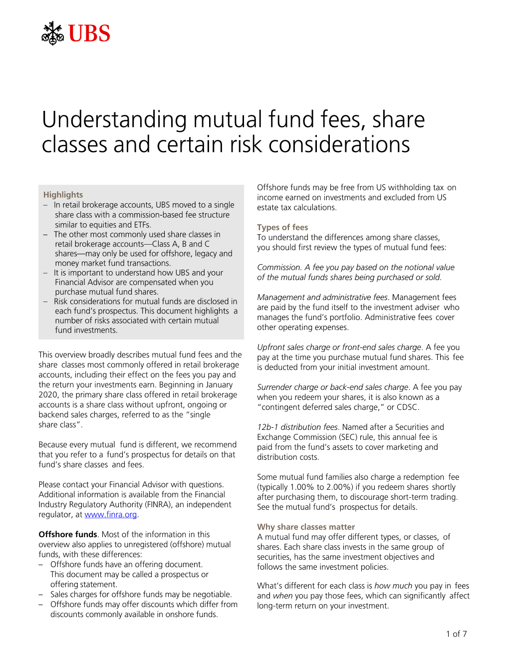 Understanding Mutual Fund Fees, Share Classes and Certain Risk Considerations