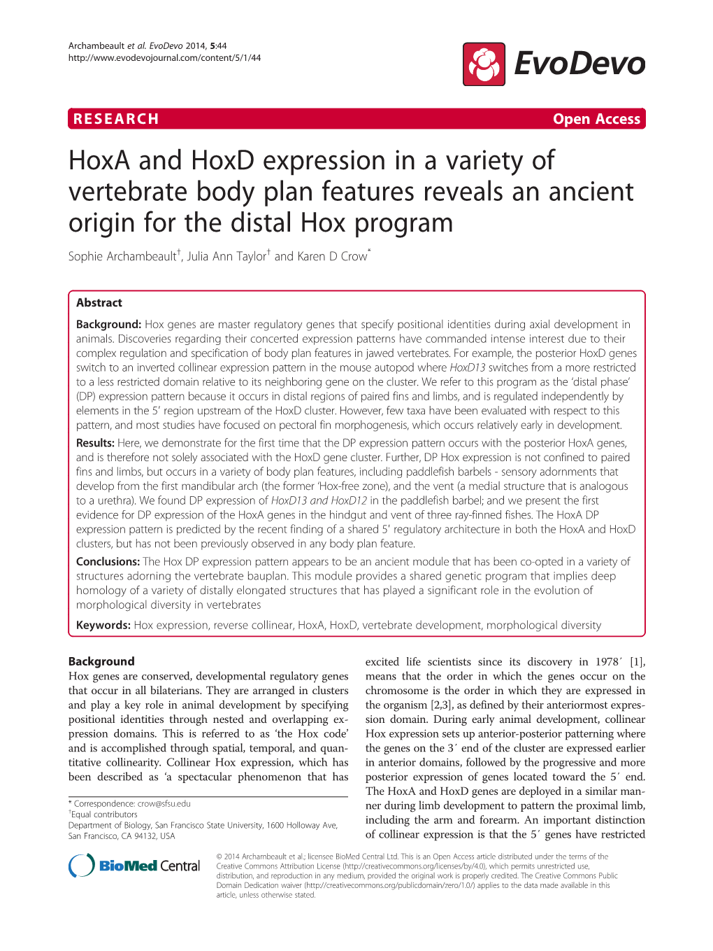 Hoxa and Hoxd Expression in a Variety of Vertebrate Body Plan