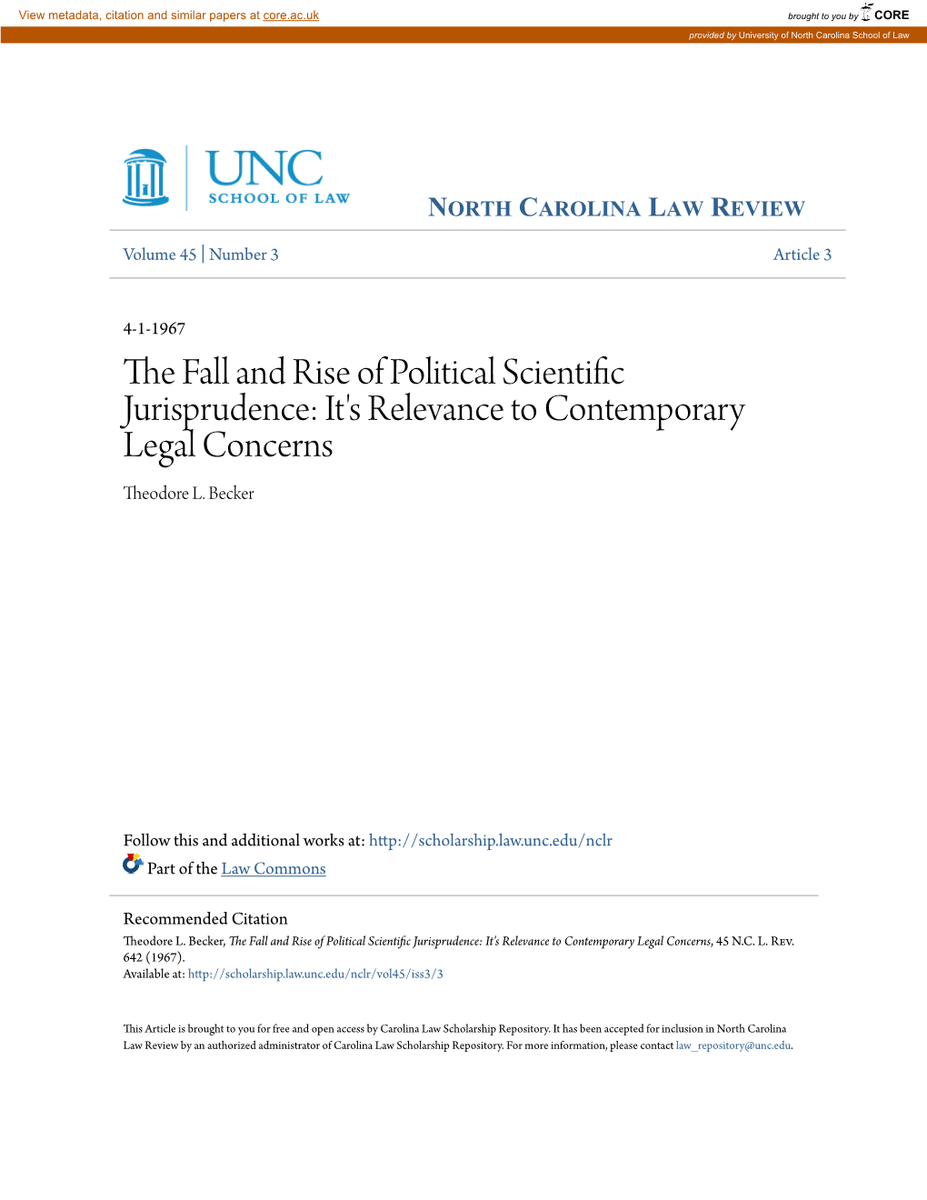 THE FALL and RISE of POLITICAL SCIENTIFIC JURISPRUDENCE: ITS RELEVANCE to CONTEMPORARY LEGAL CONCERNS* Theodore L