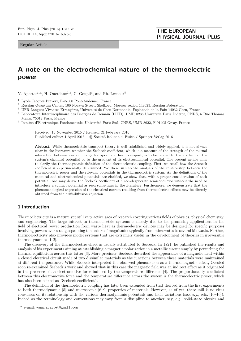 A Note on the Electrochemical Nature of the Thermoelectric Power