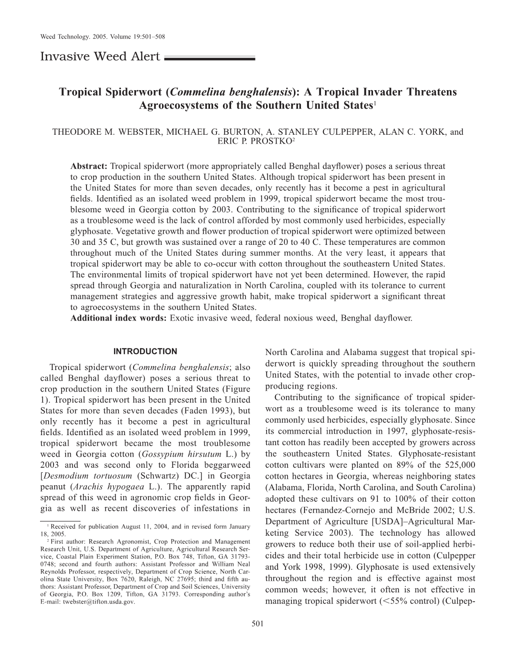 Commelina Benghalensis): a Tropical Invader Threatens Agroecosystems of the Southern United States1